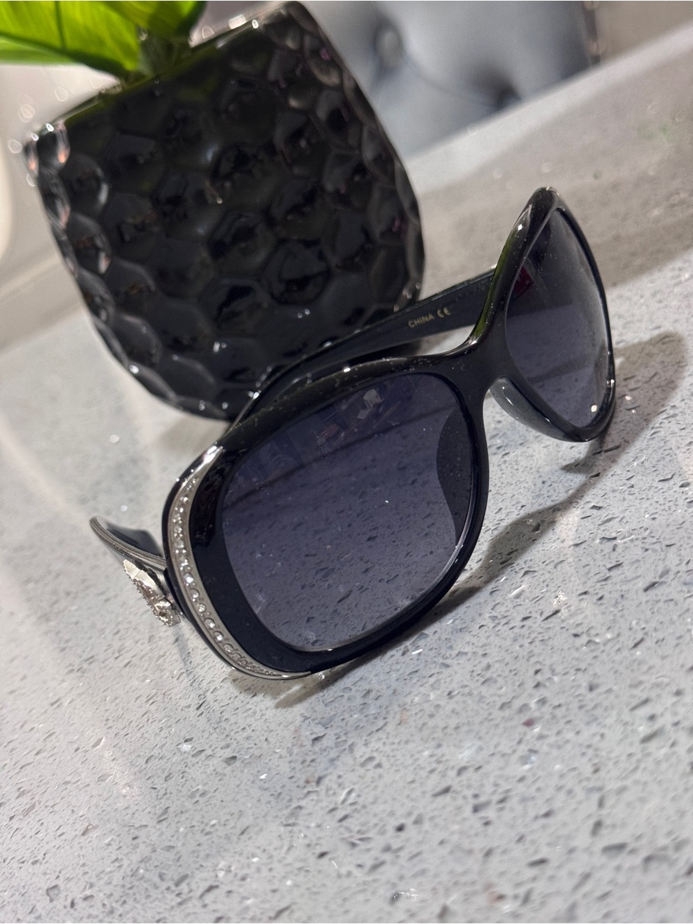 Black Oversized Sunglasses with Rhinestone Trim